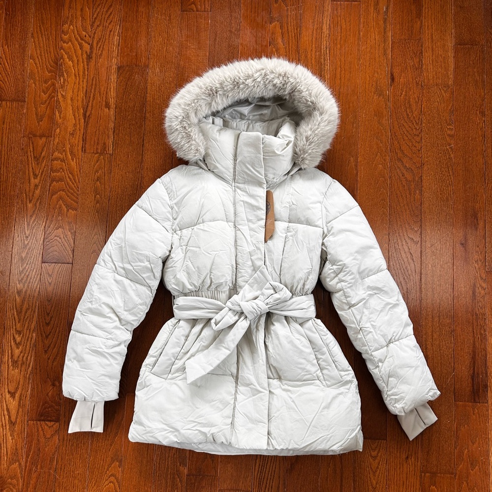Gap Off White Puffer Jacket with Faux Fur Hood